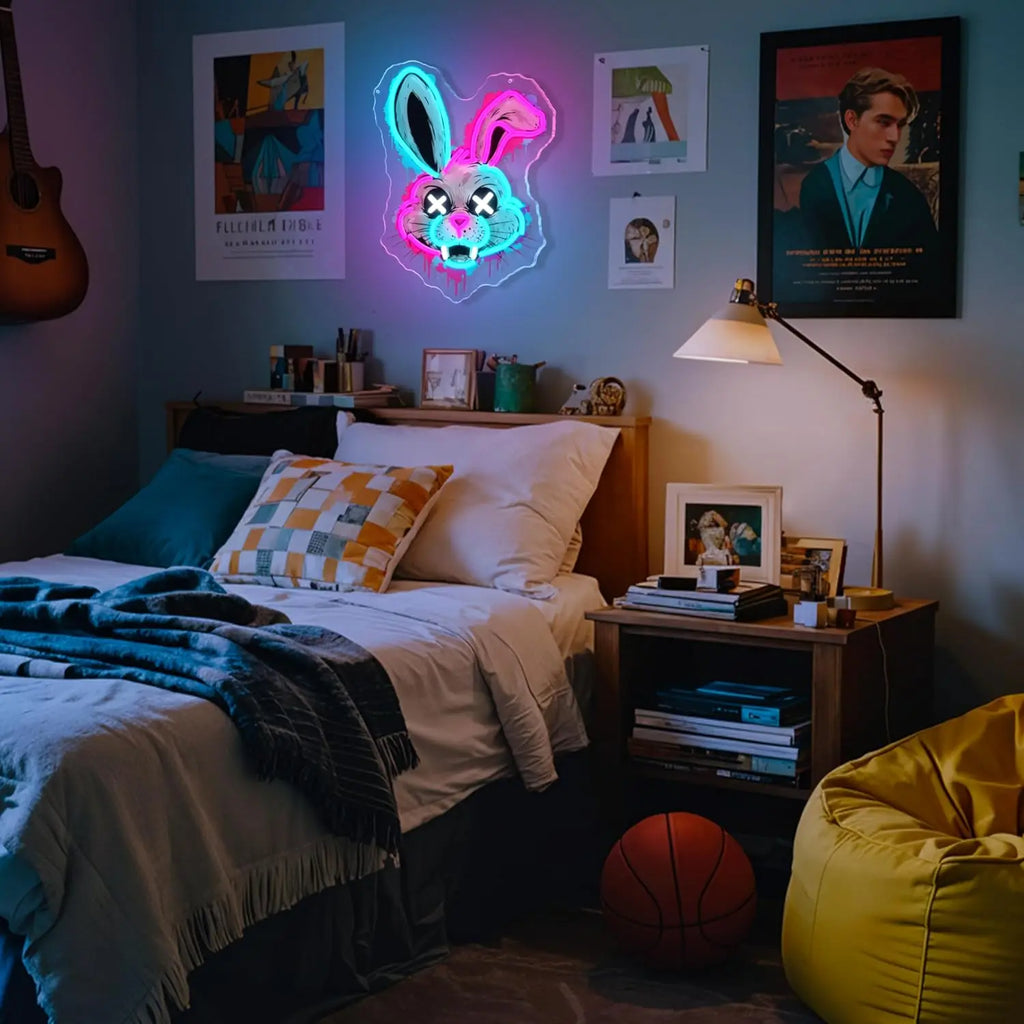 Evil Bunny Neon Sign USB Dimmable LED Neon Light Sign for Drink Bar Man Cave Bedroom Hotel Shop Garage GameRoom Party Wall Decor