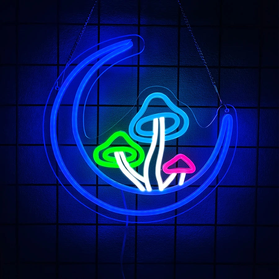 Neon sign of mushrooms on a grid background