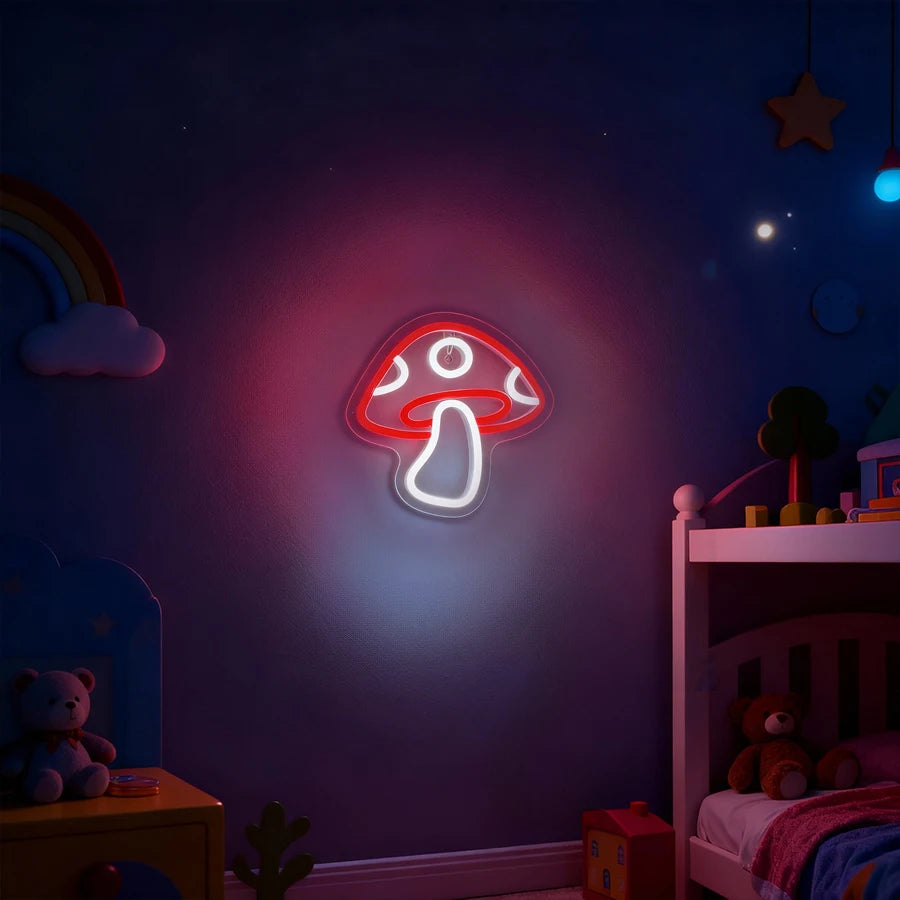 Neon mushroom light in a child's bedroom with toys and decor.