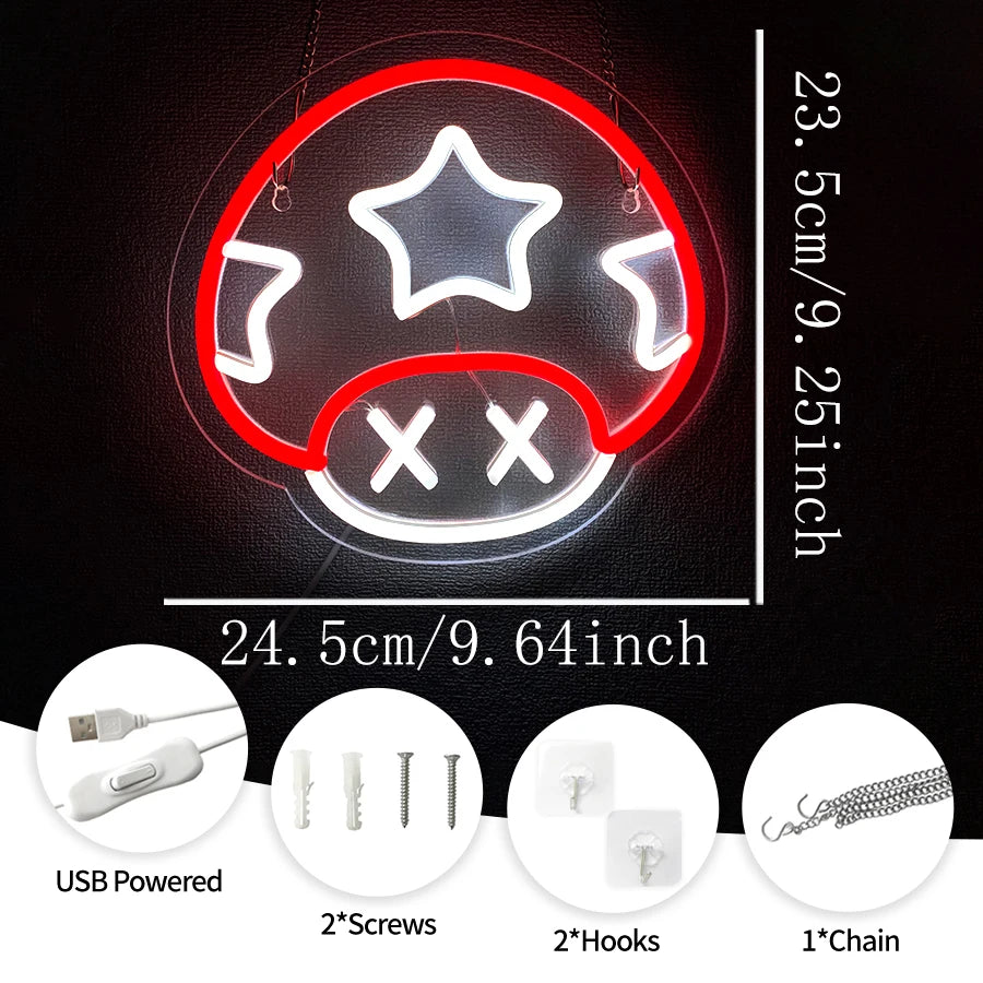 Moon Mushroom Neon Sign,LED Mushroom Light Up Signs for Wall Decor USB Powered for Girls Room Living Room Kids Room Game Gifts