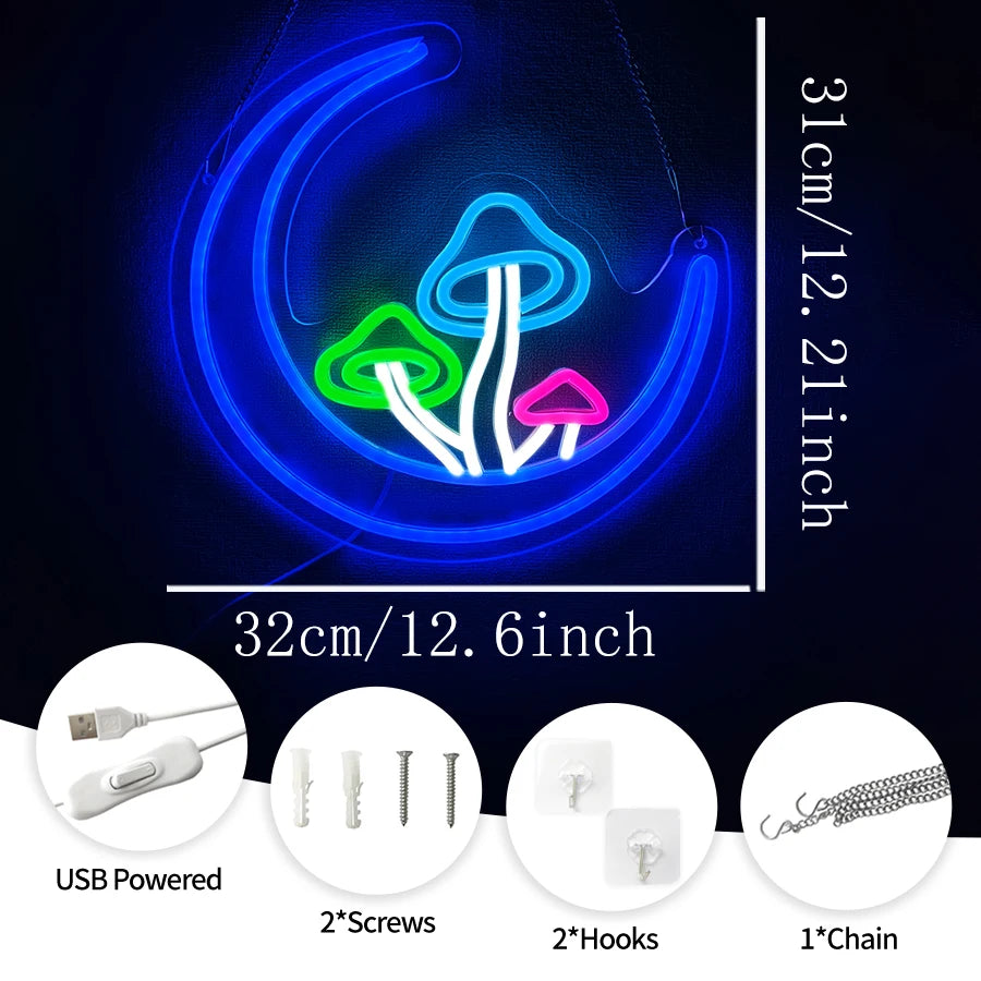 Moon Mushroom Neon Sign,LED Mushroom Light Up Signs for Wall Decor USB Powered for Girls Room Living Room Kids Room Game Gifts