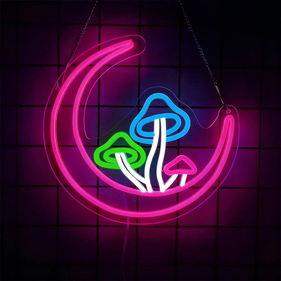 Neon sign of mushrooms on a grid background