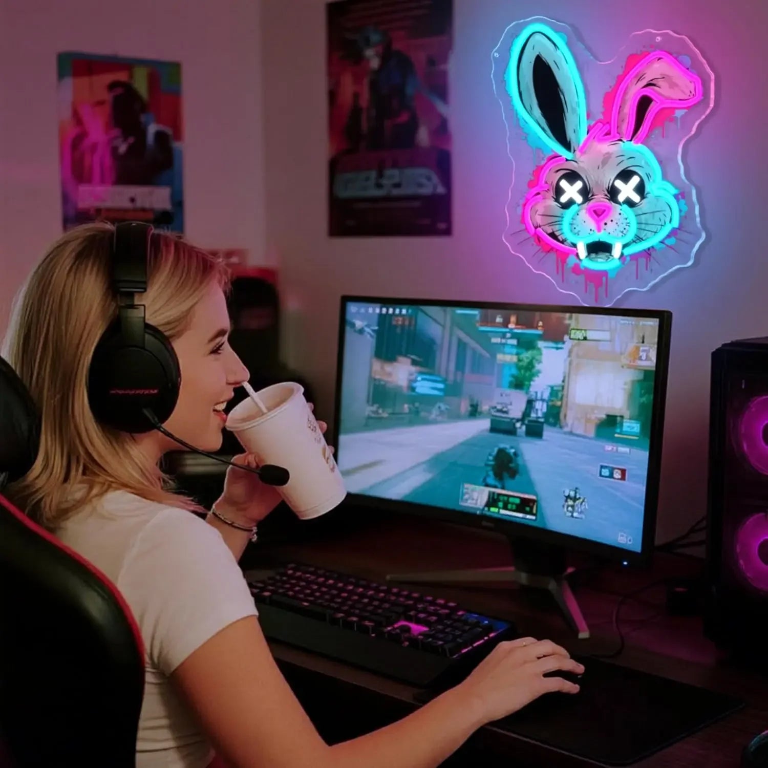 Evil Bunny Neon Sign USB Dimmable LED Neon Light Sign for Drink Bar Man Cave Bedroom Hotel Shop Garage GameRoom Party Wall Decor