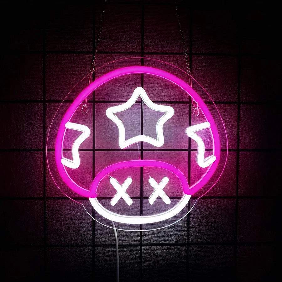 Neon sign with a star and 'XX' design on a dark background