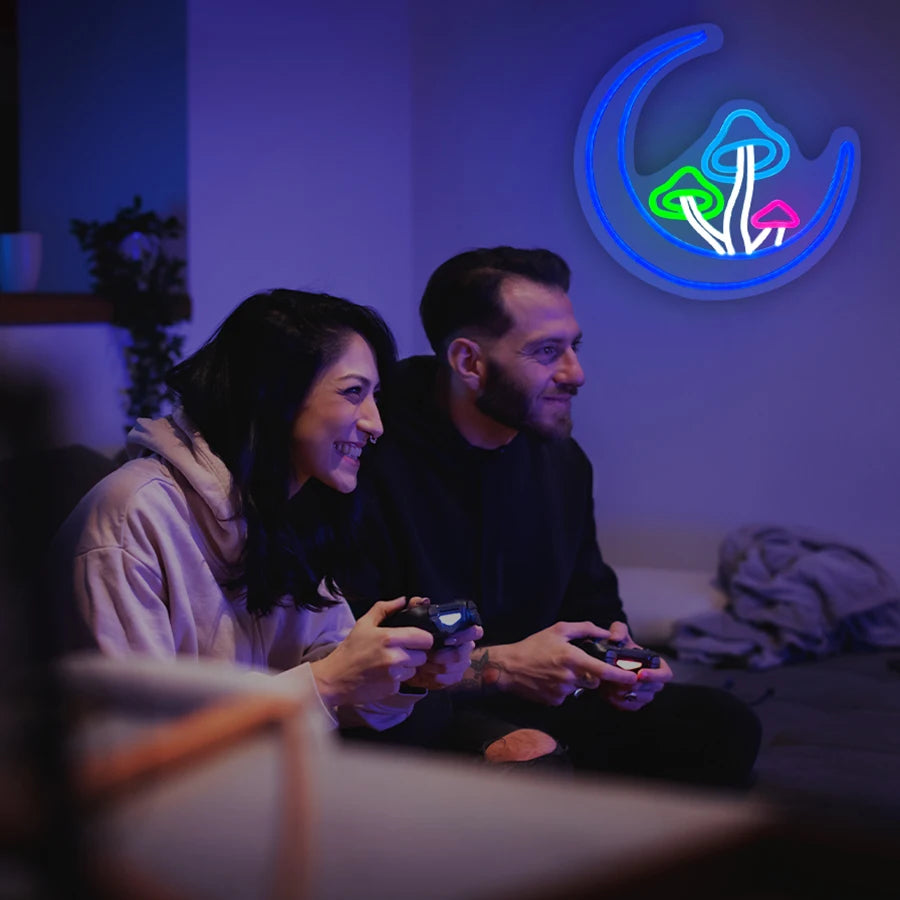Moon Mushroom Neon Sign,LED Mushroom Light Up Signs for Wall Decor USB Powered for Girls Room Living Room Kids Room Game Gifts