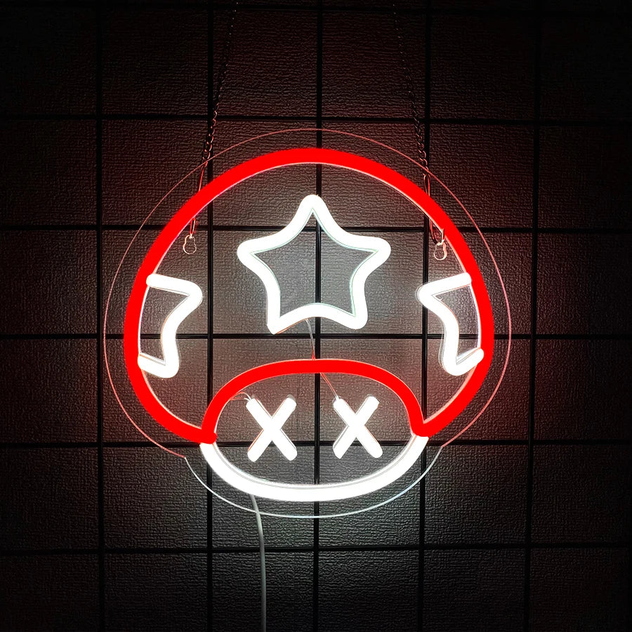 Neon sign with a star and circle design on a dark grid background