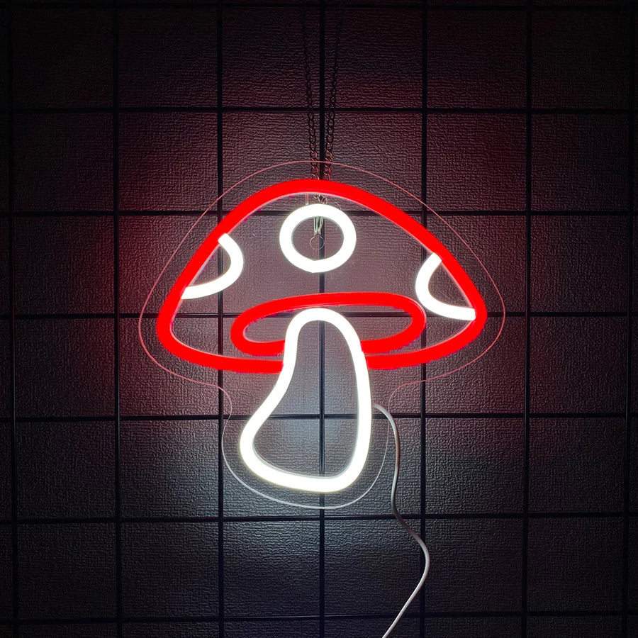 Neon mushroom sign on a dark grid background