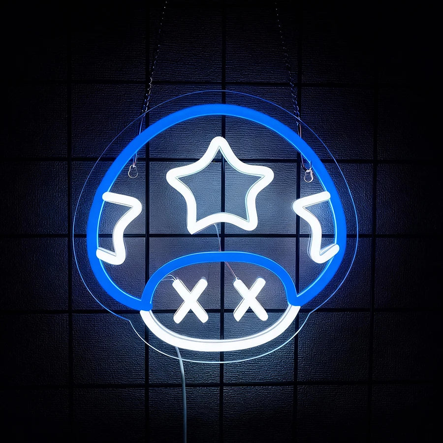 Neon sign with star and cross symbols on a dark grid background