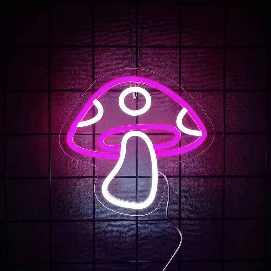 Neon mushroom sign on a tiled wall