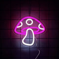 Neon mushroom sign on a tiled wall