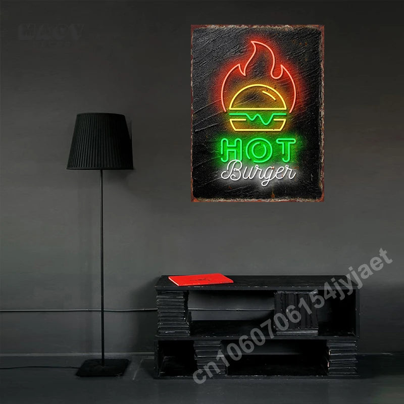 Vintage Neon Food Metal Tin Sign — Bar & Restaurant Wall Decor
