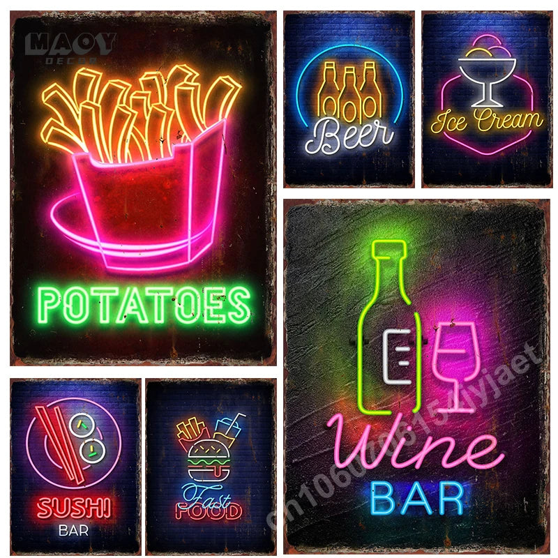 Vintage Neon Food Metal Tin Sign — Bar & Restaurant Wall Decor