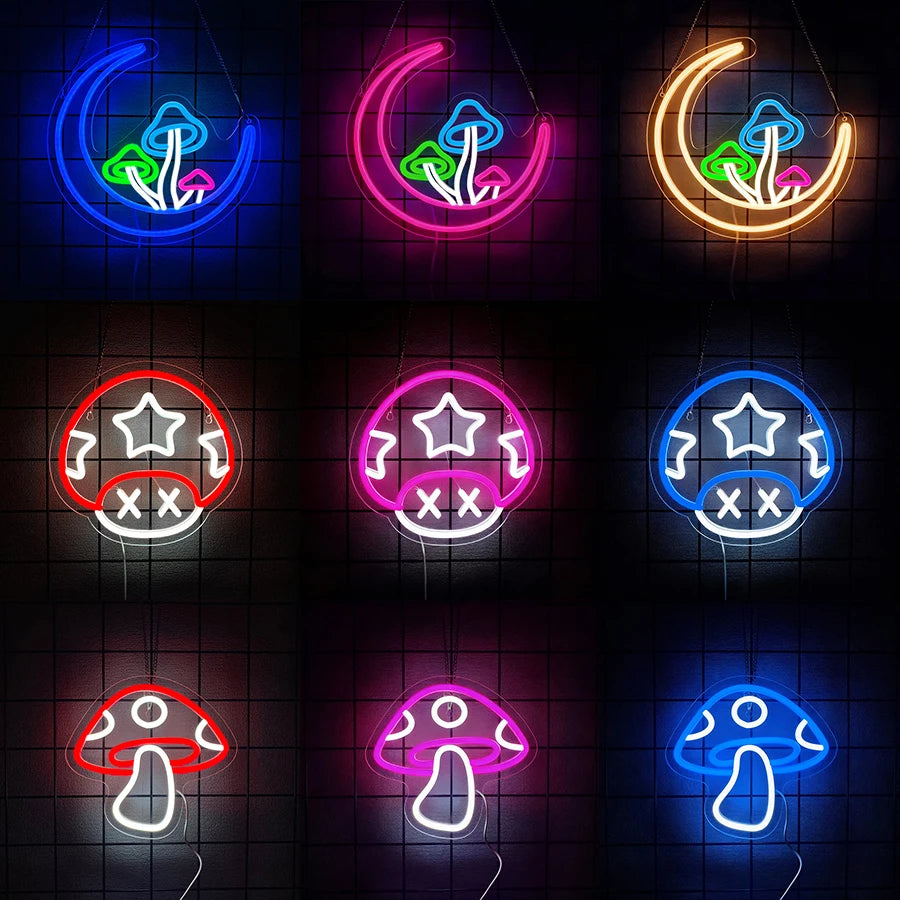 Neon signs of various symbols including mushrooms and a moon on a grid pattern background.