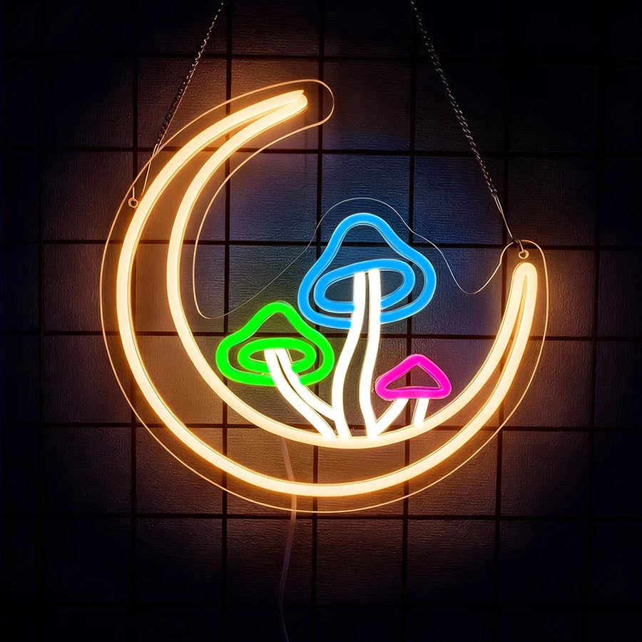 Neon sign with colorful mushrooms on a dark tiled wall