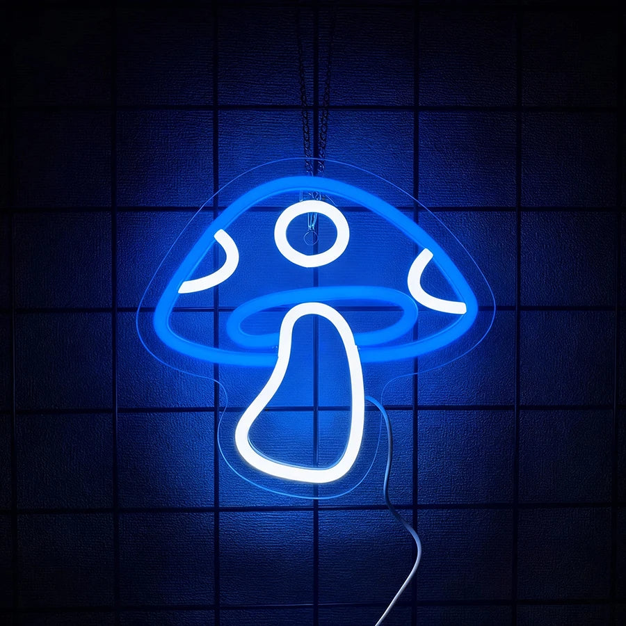 Neon mushroom light on a dark blue grid background