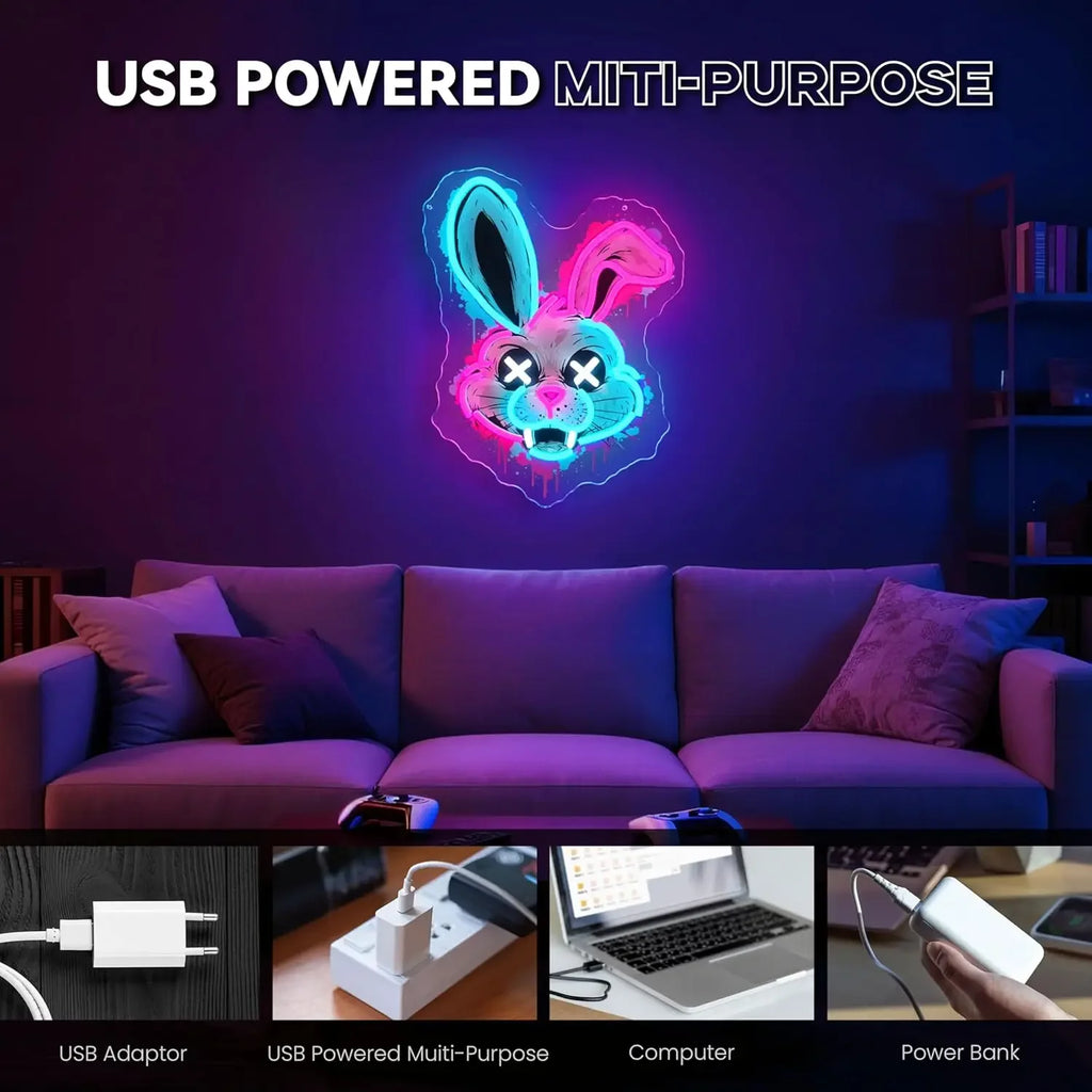 Evil Bunny Neon Sign USB Dimmable LED Neon Light Sign for Drink Bar Man Cave Bedroom Hotel Shop Garage GameRoom Party Wall Decor